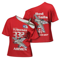 Tuskegee Red Tails Airmen Cross Shoulder Shirt P-51 Mustang 332nd Fighter Group - Red - Wonder Print Shop