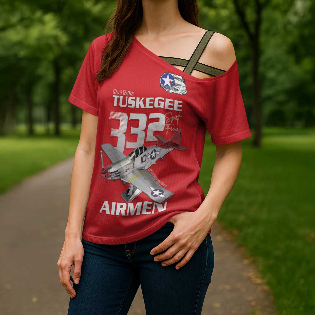 Tuskegee Red Tails Airmen Cross Shoulder Shirt P-51 Mustang 332nd Fighter Group - Red - Wonder Print Shop