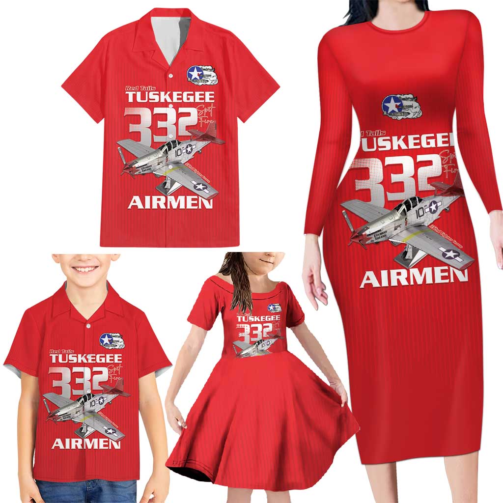 Tuskegee Red Tails Airmen Family Matching Long Sleeve Bodycon Dress and Hawaiian Shirt P-51 Mustang 332nd Fighter Group - Red - Wonder Print Shop