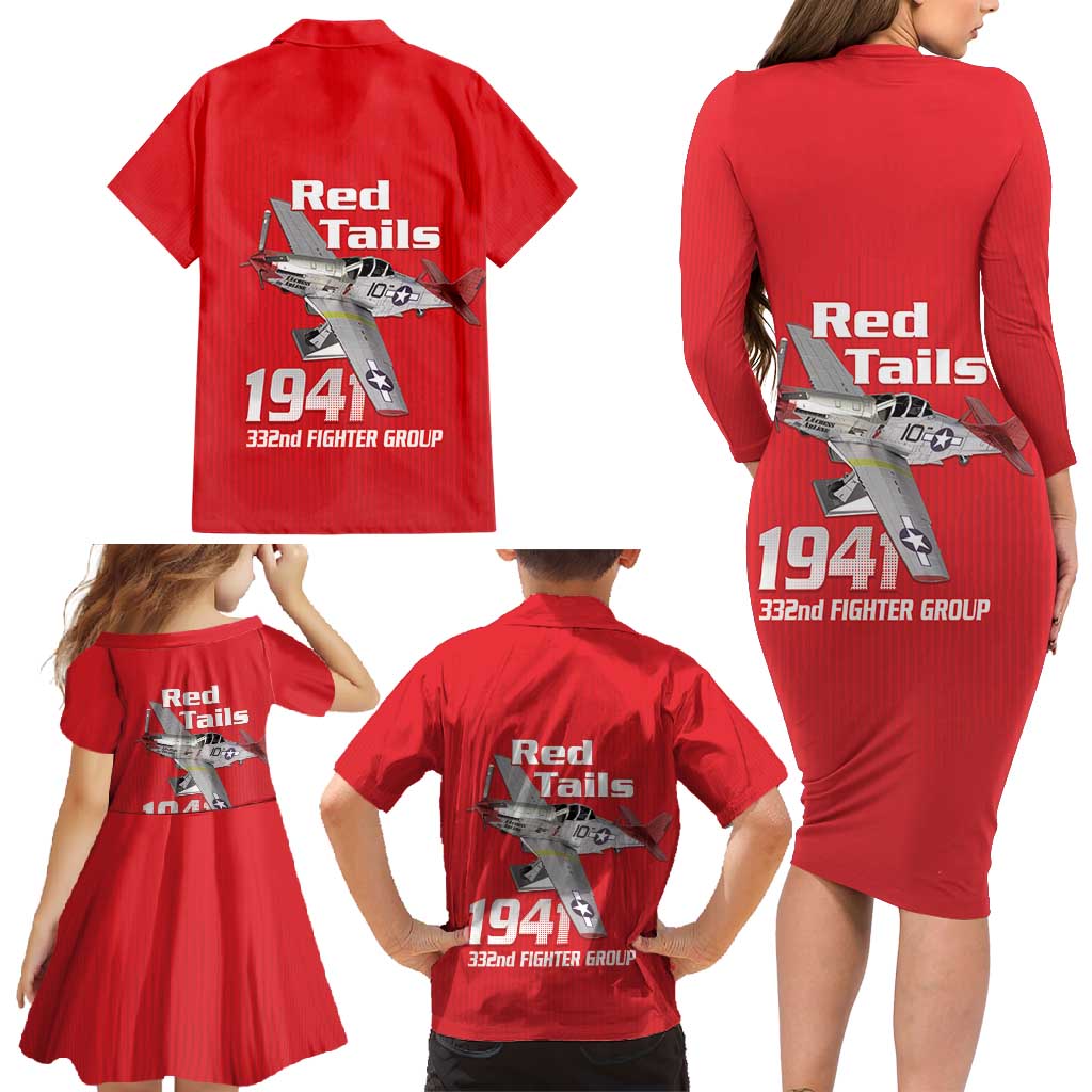 Tuskegee Red Tails Airmen Family Matching Long Sleeve Bodycon Dress and Hawaiian Shirt P-51 Mustang 332nd Fighter Group - Red - Wonder Print Shop