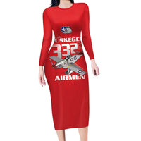 Tuskegee Red Tails Airmen Family Matching Long Sleeve Bodycon Dress and Hawaiian Shirt P-51 Mustang 332nd Fighter Group - Red - Wonder Print Shop