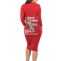 Tuskegee Red Tails Airmen Family Matching Long Sleeve Bodycon Dress and Hawaiian Shirt P-51 Mustang 332nd Fighter Group - Red - Wonder Print Shop