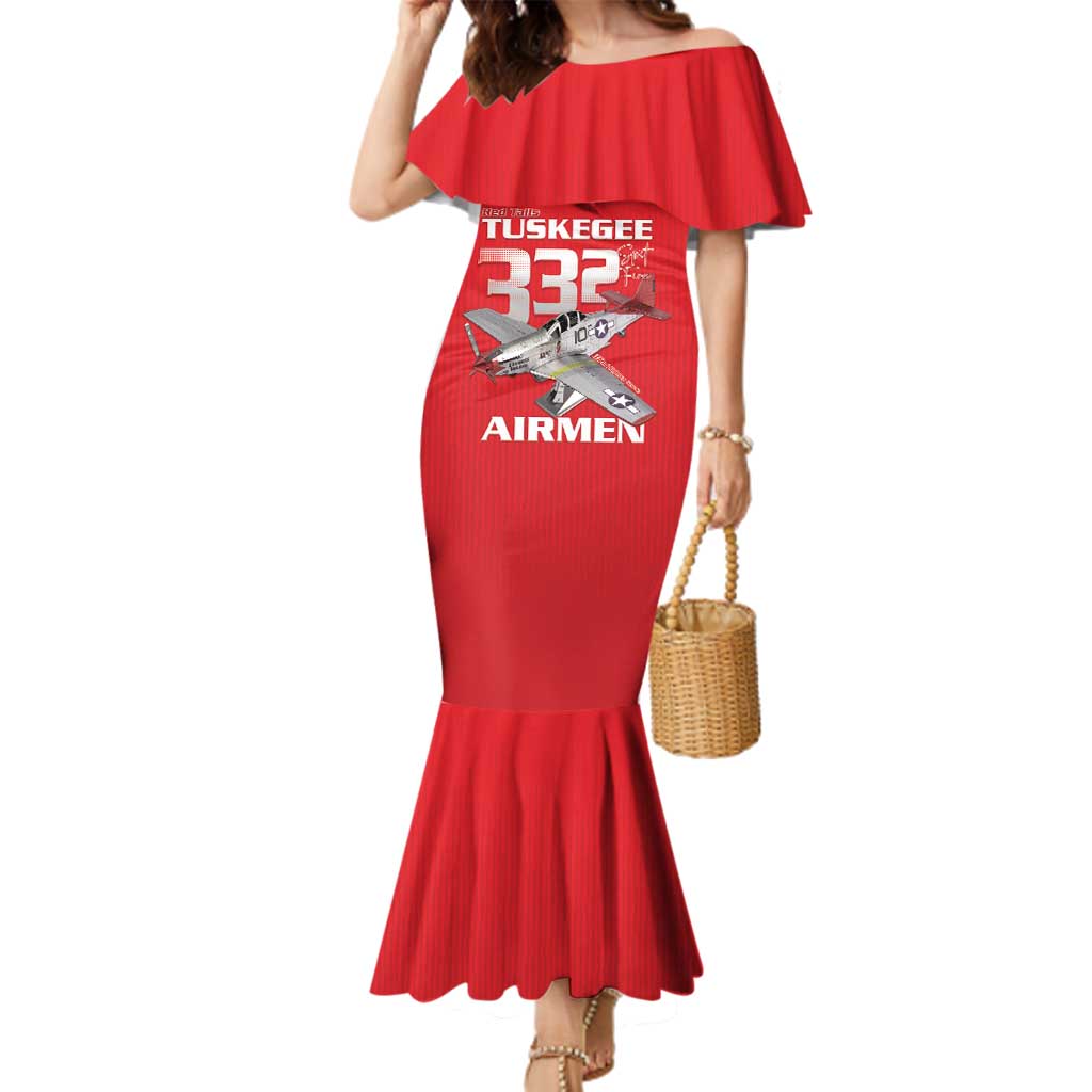 Tuskegee Red Tails Airmen Family Matching Mermaid Dress and Hawaiian Shirt P-51 Mustang 332nd Fighter Group - Red - Wonder Print Shop