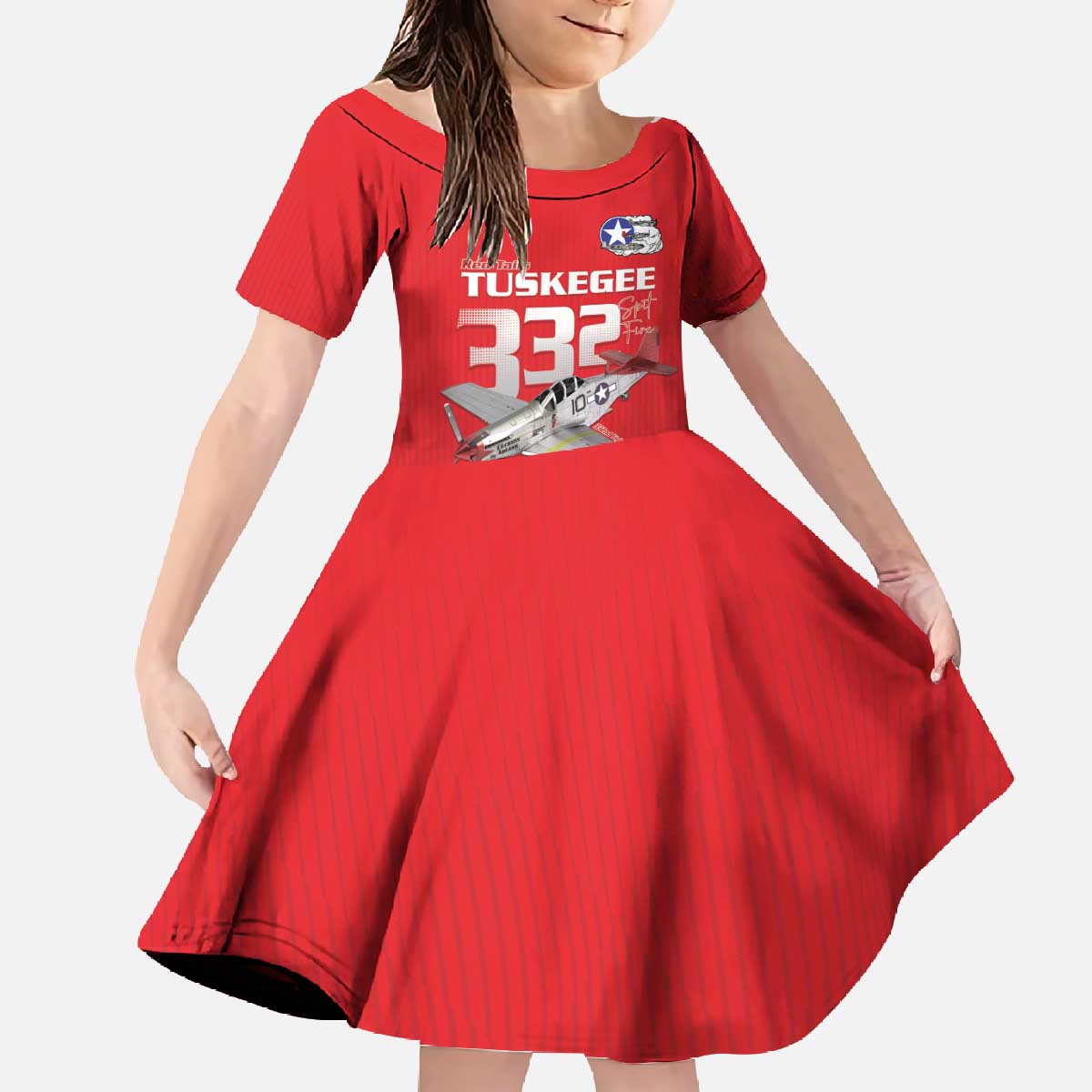 Tuskegee Red Tails Airmen Family Matching Off The Shoulder Long Sleeve Dress and Hawaiian Shirt P-51 Mustang 332nd Fighter Group - Red - Wonder Print Shop