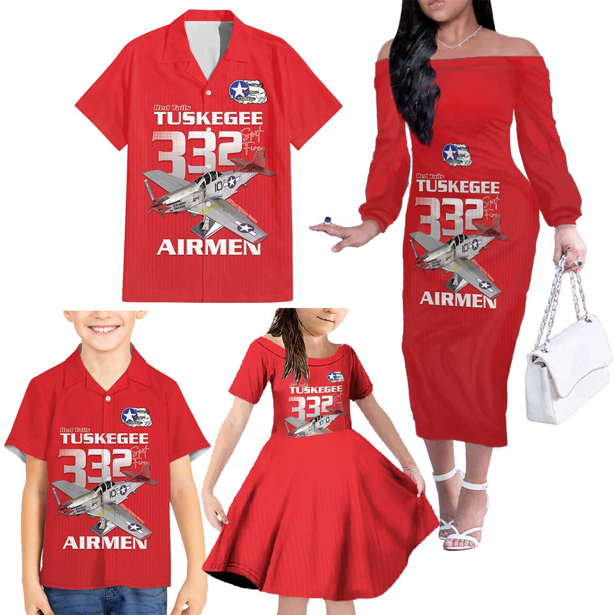 Tuskegee Red Tails Airmen Family Matching Off The Shoulder Long Sleeve Dress and Hawaiian Shirt P-51 Mustang 332nd Fighter Group - Red - Wonder Print Shop