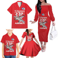 Tuskegee Red Tails Airmen Family Matching Off The Shoulder Long Sleeve Dress and Hawaiian Shirt P-51 Mustang 332nd Fighter Group - Red - Wonder Print Shop