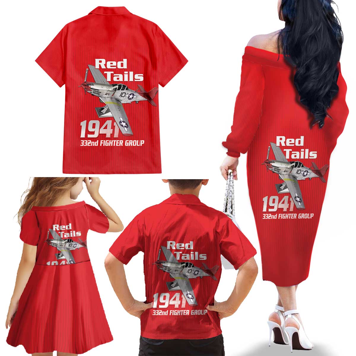 Tuskegee Red Tails Airmen Family Matching Off The Shoulder Long Sleeve Dress and Hawaiian Shirt P-51 Mustang 332nd Fighter Group - Red - Wonder Print Shop