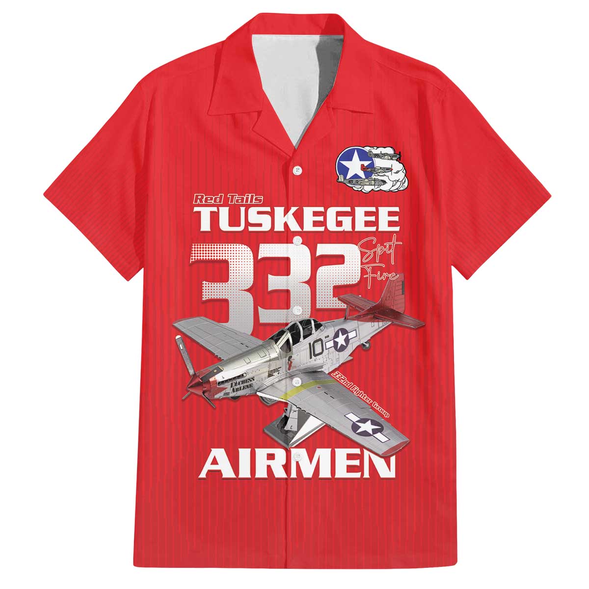 Tuskegee Red Tails Airmen Family Matching Off The Shoulder Long Sleeve Dress and Hawaiian Shirt P-51 Mustang 332nd Fighter Group - Red - Wonder Print Shop