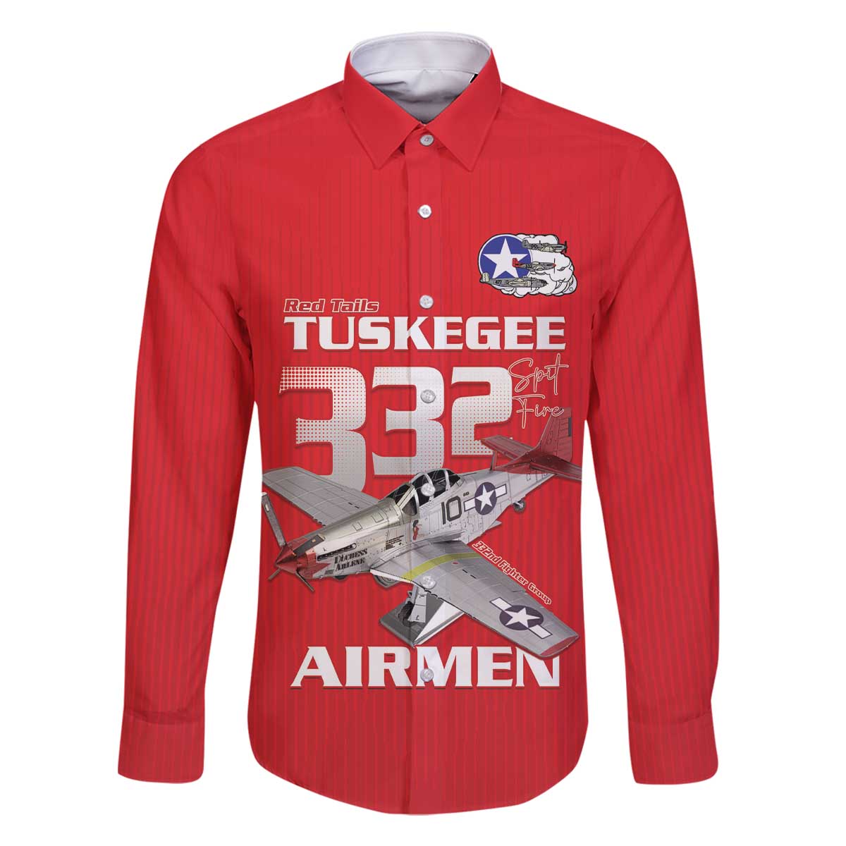 Tuskegee Red Tails Airmen Family Matching Off The Shoulder Long Sleeve Dress and Hawaiian Shirt P-51 Mustang 332nd Fighter Group - Red - Wonder Print Shop