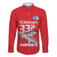 Tuskegee Red Tails Airmen Family Matching Off The Shoulder Long Sleeve Dress and Hawaiian Shirt P-51 Mustang 332nd Fighter Group - Red - Wonder Print Shop