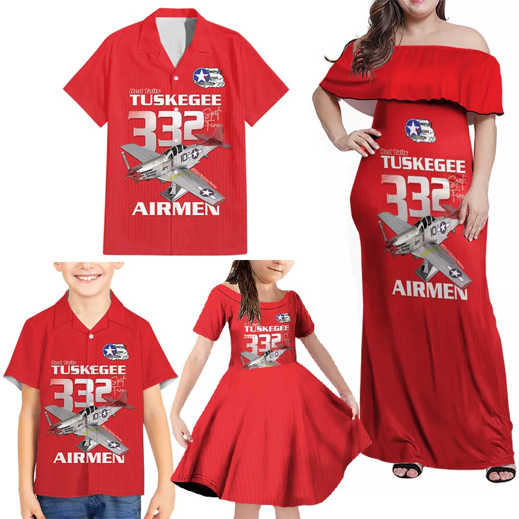 Tuskegee Red Tails Airmen Family Matching Off Shoulder Maxi Dress and Hawaiian Shirt P-51 Mustang 332nd Fighter Group - Red - Wonder Print Shop