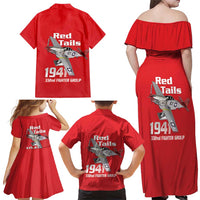 Tuskegee Red Tails Airmen Family Matching Off Shoulder Maxi Dress and Hawaiian Shirt P-51 Mustang 332nd Fighter Group - Red - Wonder Print Shop