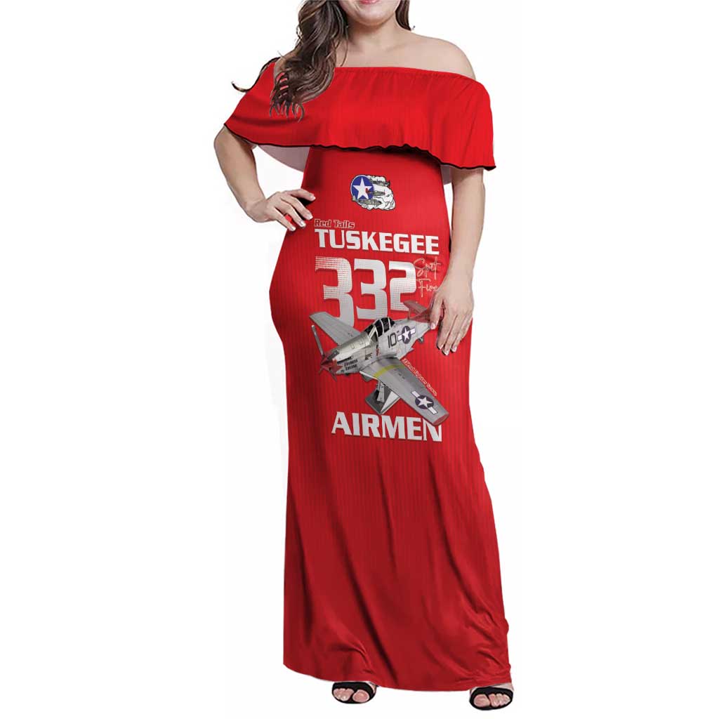 Tuskegee Red Tails Airmen Family Matching Off Shoulder Maxi Dress and Hawaiian Shirt P-51 Mustang 332nd Fighter Group - Red - Wonder Print Shop