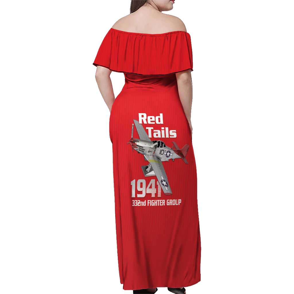 Tuskegee Red Tails Airmen Family Matching Off Shoulder Maxi Dress and Hawaiian Shirt P-51 Mustang 332nd Fighter Group - Red - Wonder Print Shop