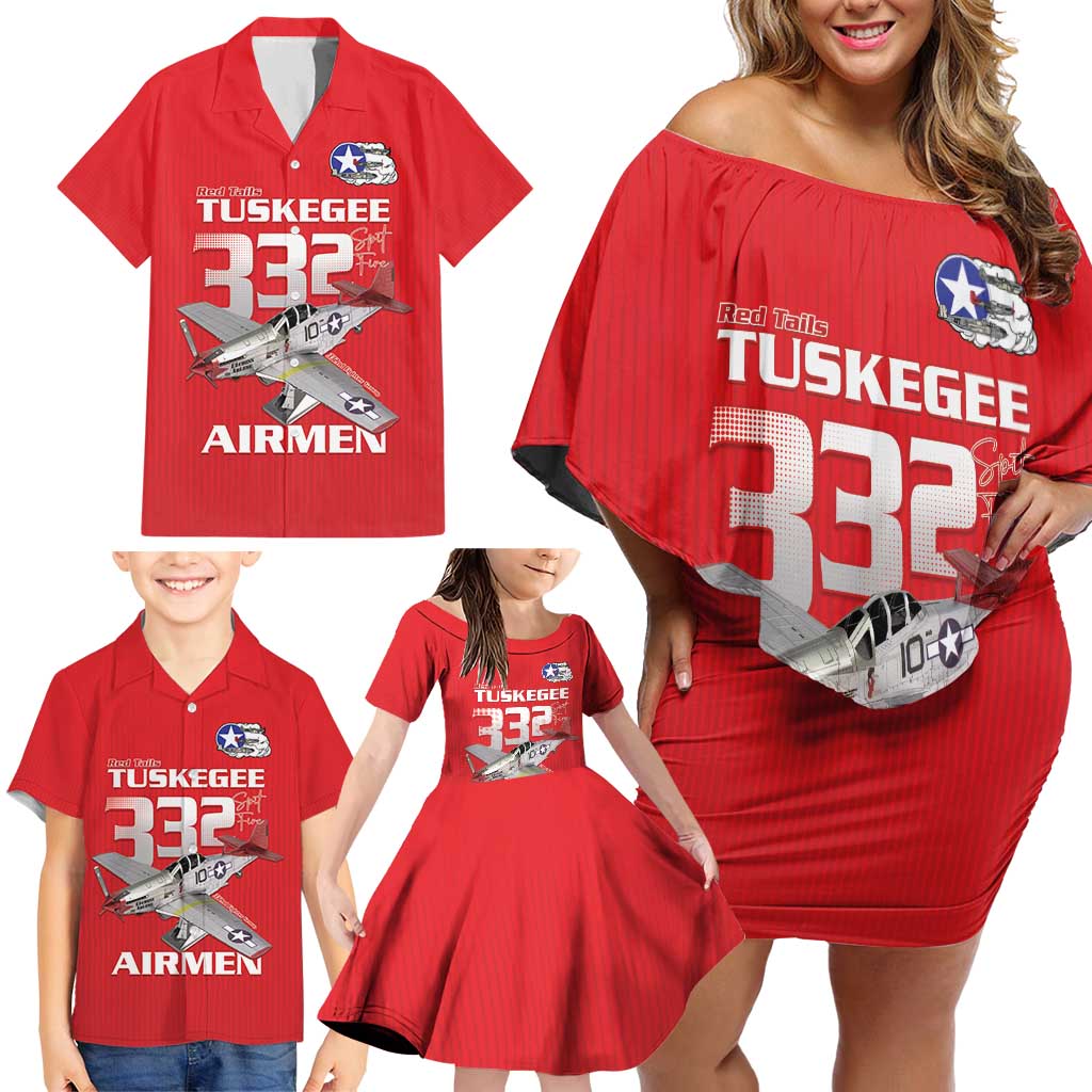 Tuskegee Red Tails Airmen Family Matching Off Shoulder Short Dress and Hawaiian Shirt P-51 Mustang 332nd Fighter Group - Red - Wonder Print Shop