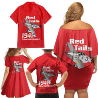 Tuskegee Red Tails Airmen Family Matching Off Shoulder Short Dress and Hawaiian Shirt P-51 Mustang 332nd Fighter Group - Red - Wonder Print Shop