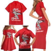 Tuskegee Red Tails Airmen Family Matching Short Sleeve Bodycon Dress and Hawaiian Shirt P-51 Mustang 332nd Fighter Group - Red - Wonder Print Shop