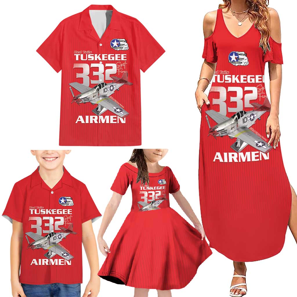 Tuskegee Red Tails Airmen Family Matching Summer Maxi Dress and Hawaiian Shirt P-51 Mustang 332nd Fighter Group - Red - Wonder Print Shop