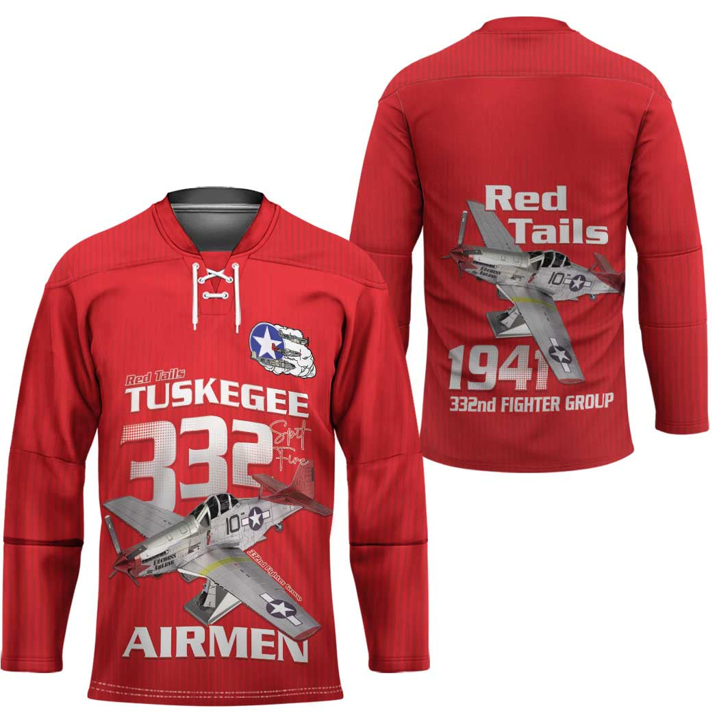 Tuskegee Red Tails Airmen Hockey Jersey P-51 Mustang 332nd Fighter Group - Red - Wonder Print Shop
