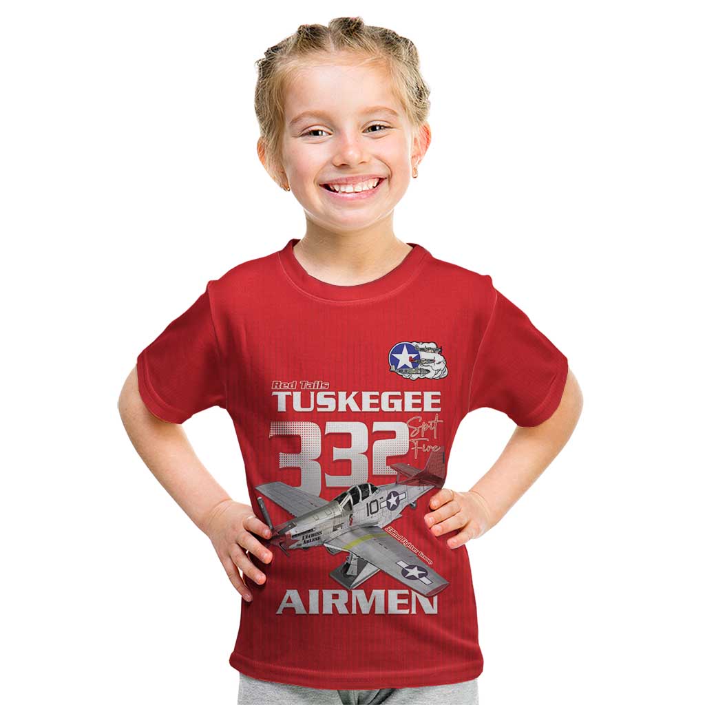 Tuskegee Red Tails Airmen Kid T Shirt P-51 Mustang 332nd Fighter Group - Red - Wonder Print Shop