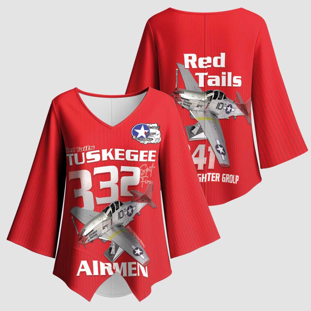 Tuskegee Red Tails Airmen Kimono Sleeve Blouse P-51 Mustang 332nd Fighter Group - Red - Wonder Print Shop