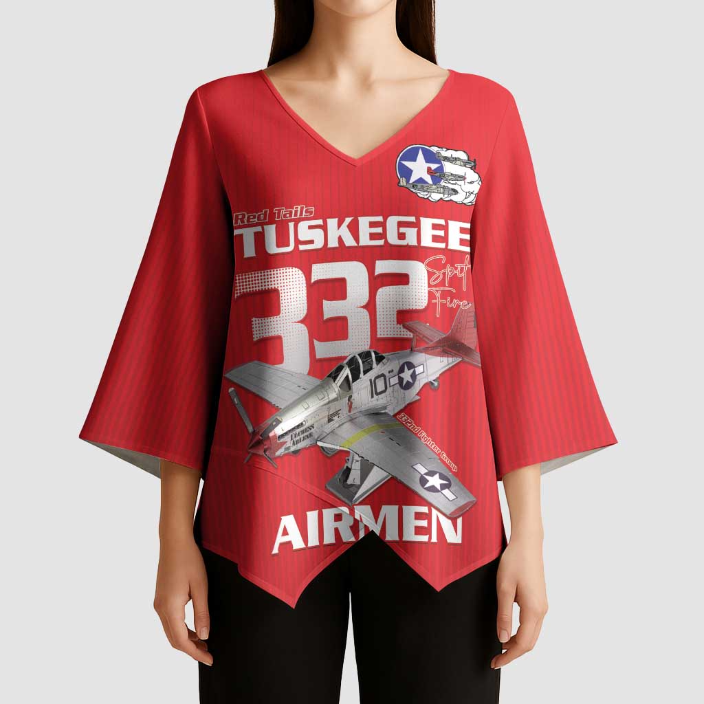 Tuskegee Red Tails Airmen Kimono Sleeve Blouse P-51 Mustang 332nd Fighter Group - Red - Wonder Print Shop
