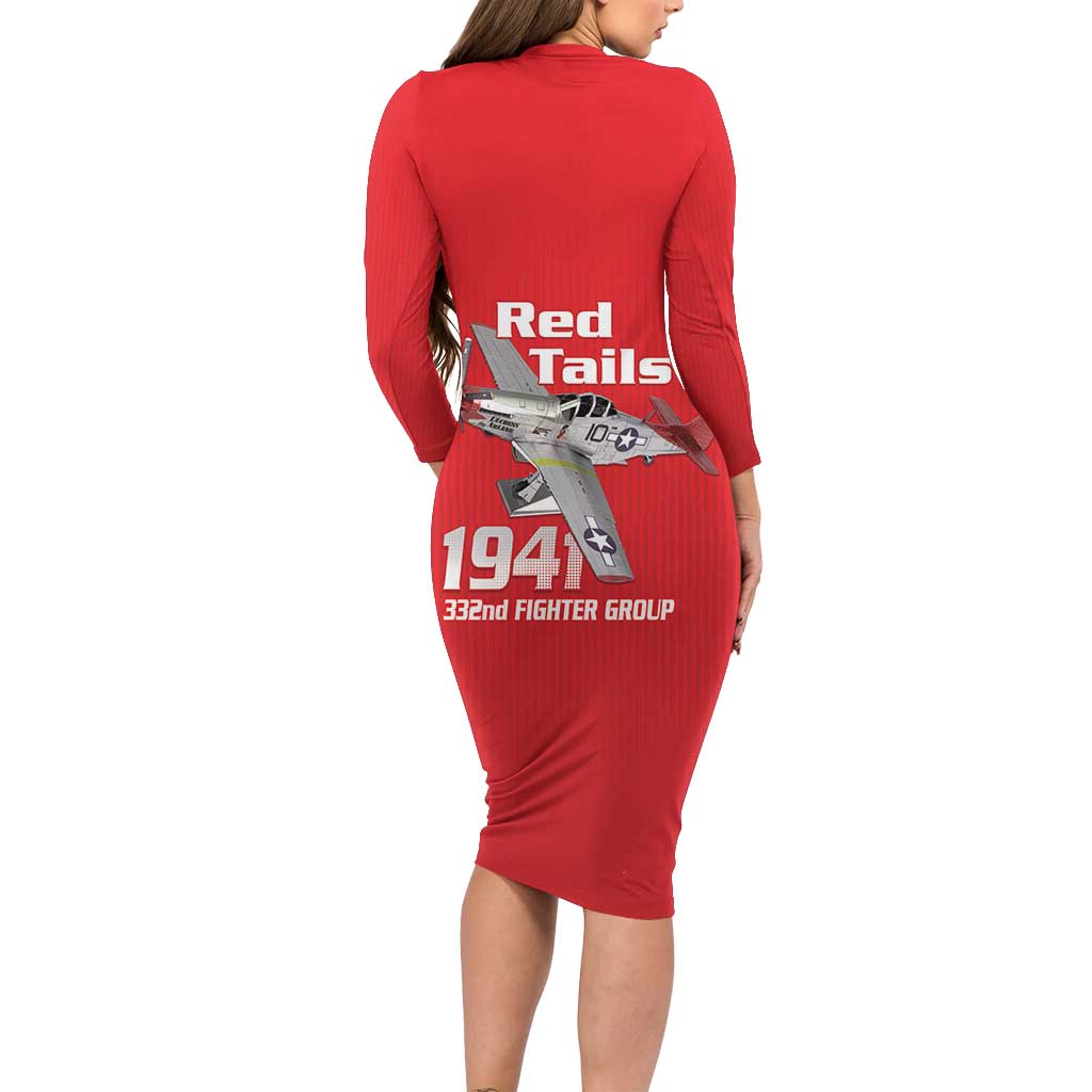 Tuskegee Red Tails Airmen Long Sleeve Bodycon Dress P-51 Mustang 332nd Fighter Group - Red - Wonder Print Shop