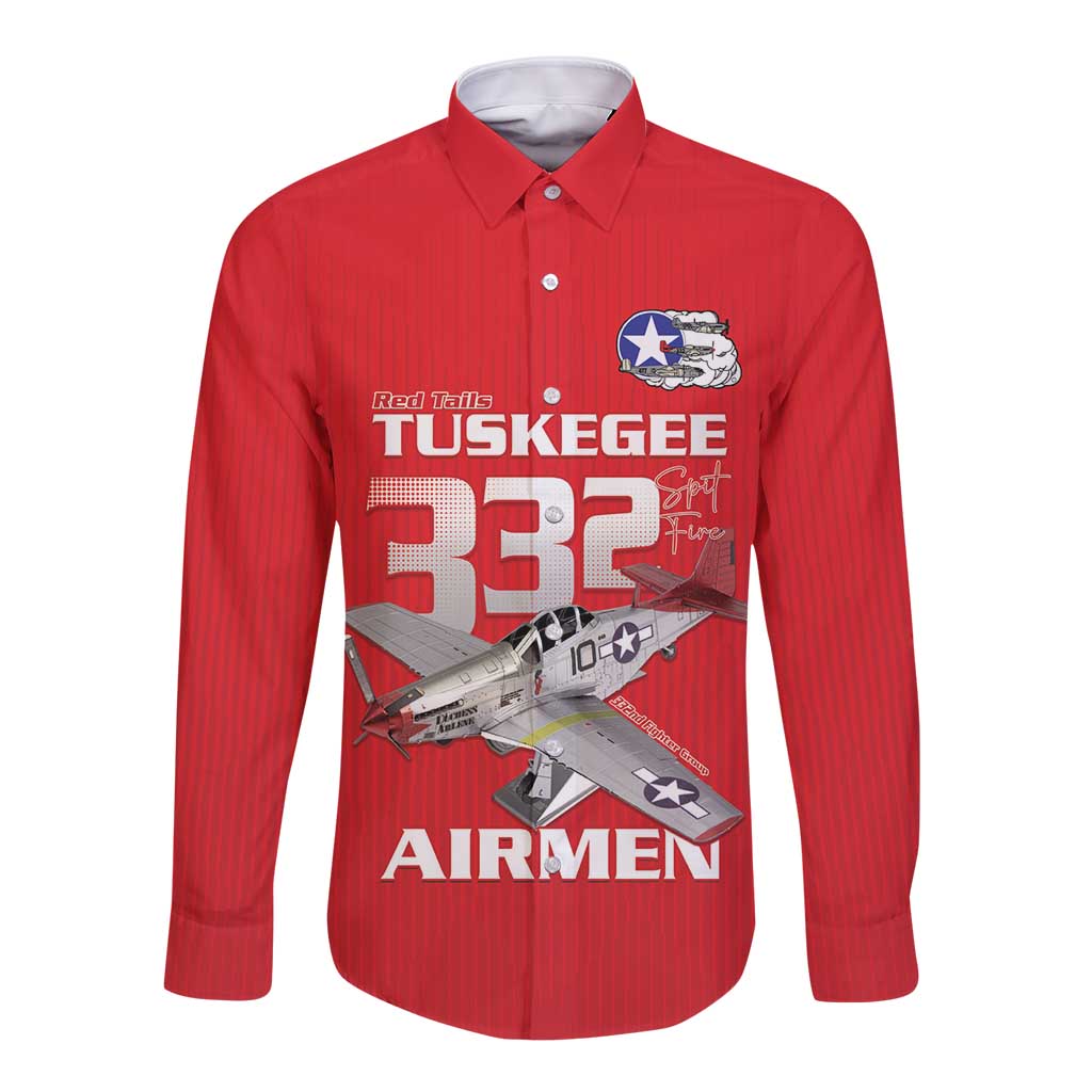 Tuskegee Red Tails Airmen Long Sleeve Button Shirt P-51 Mustang 332nd Fighter Group - Red - Wonder Print Shop