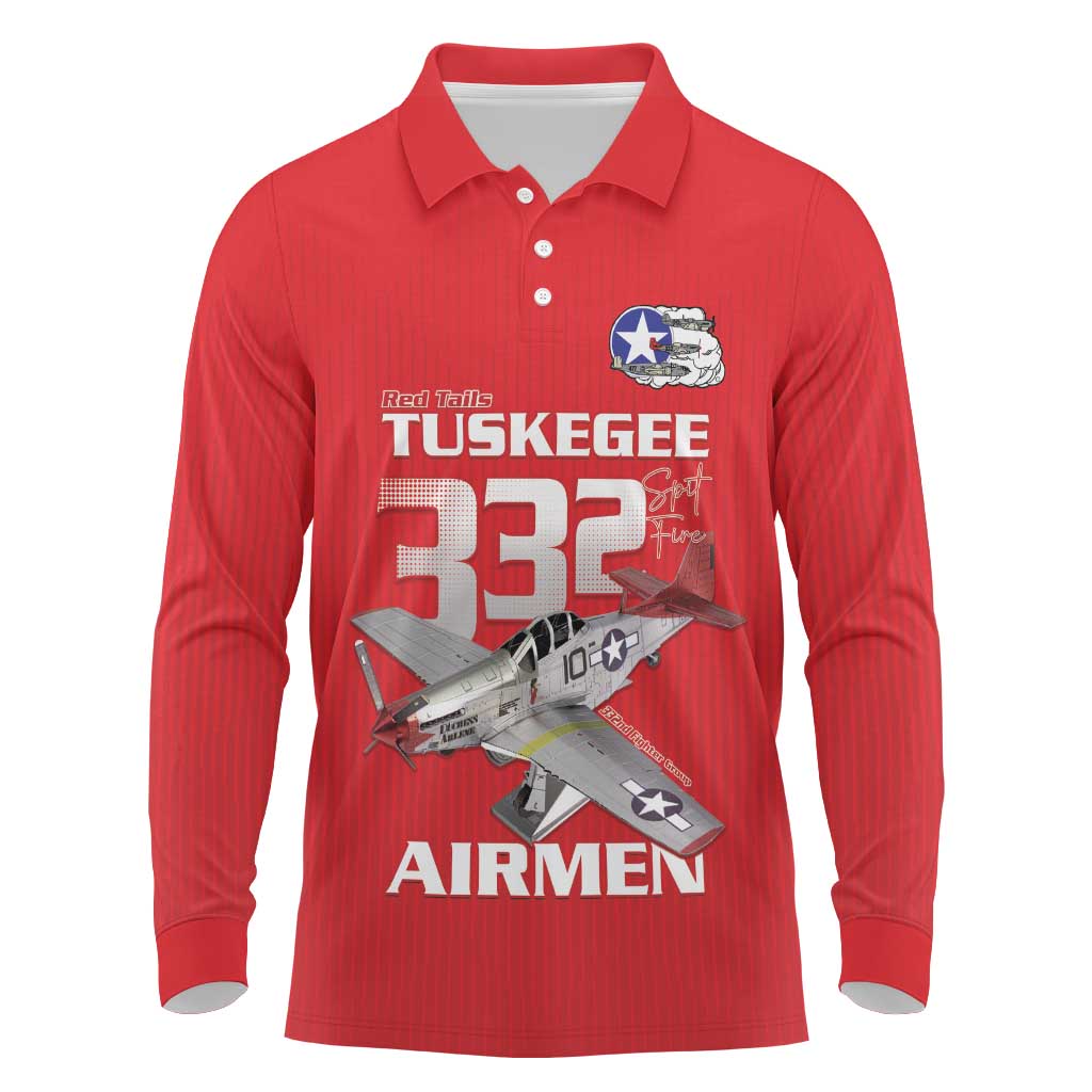 Tuskegee Red Tails Airmen Long Sleeve Polo Shirt P-51 Mustang 332nd Fighter Group - Red - Wonder Print Shop