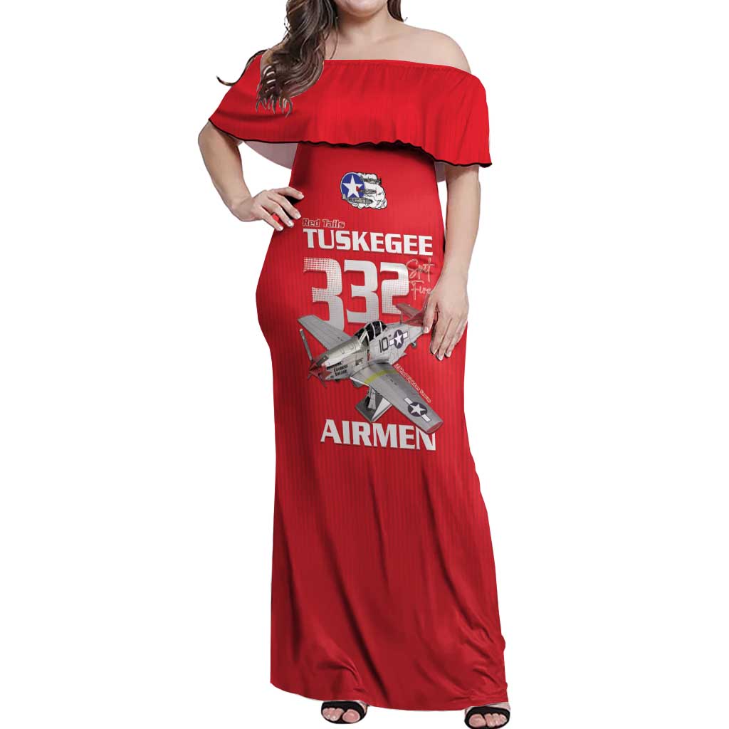 Tuskegee Red Tails Airmen Off Shoulder Maxi Dress P-51 Mustang 332nd Fighter Group - Red - Wonder Print Shop
