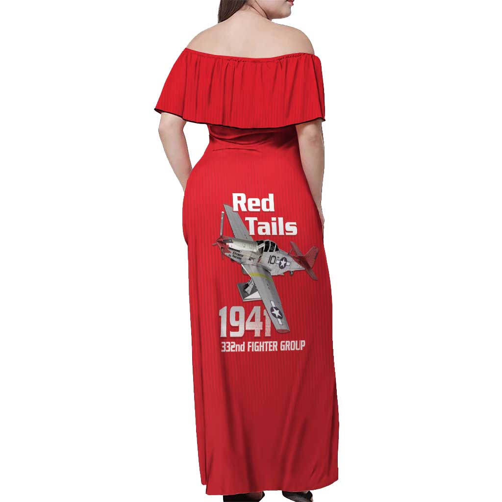 Tuskegee Red Tails Airmen Off Shoulder Maxi Dress P-51 Mustang 332nd Fighter Group - Red - Wonder Print Shop