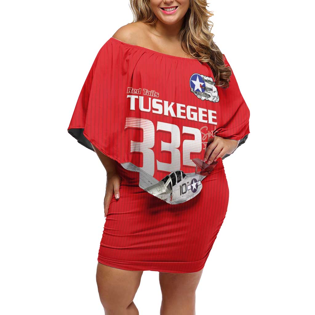 Tuskegee Red Tails Airmen Off Shoulder Short Dress P-51 Mustang 332nd Fighter Group - Red - Wonder Print Shop