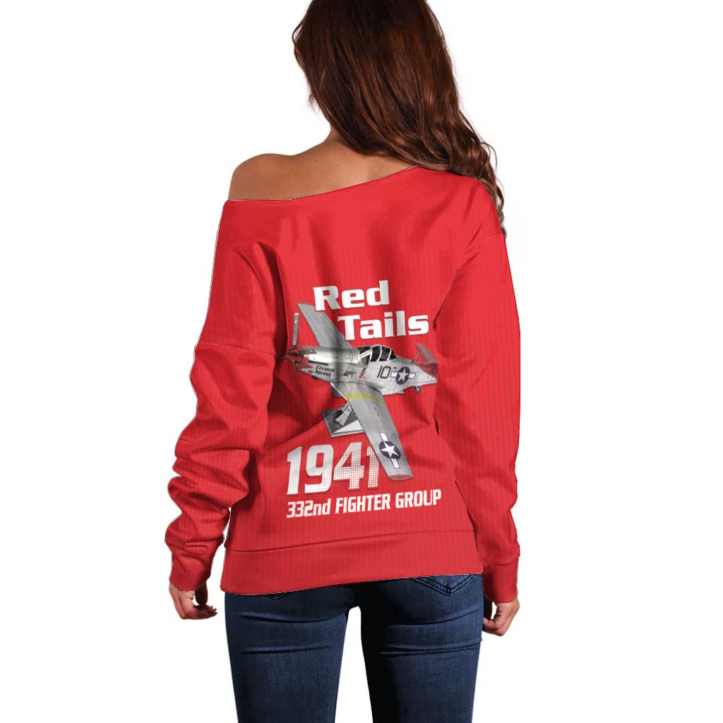 Tuskegee Red Tails Airmen Off Shoulder Sweater P-51 Mustang 332nd Fighter Group - Red - Wonder Print Shop