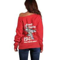 Tuskegee Red Tails Airmen Off Shoulder Sweater P-51 Mustang 332nd Fighter Group - Red - Wonder Print Shop