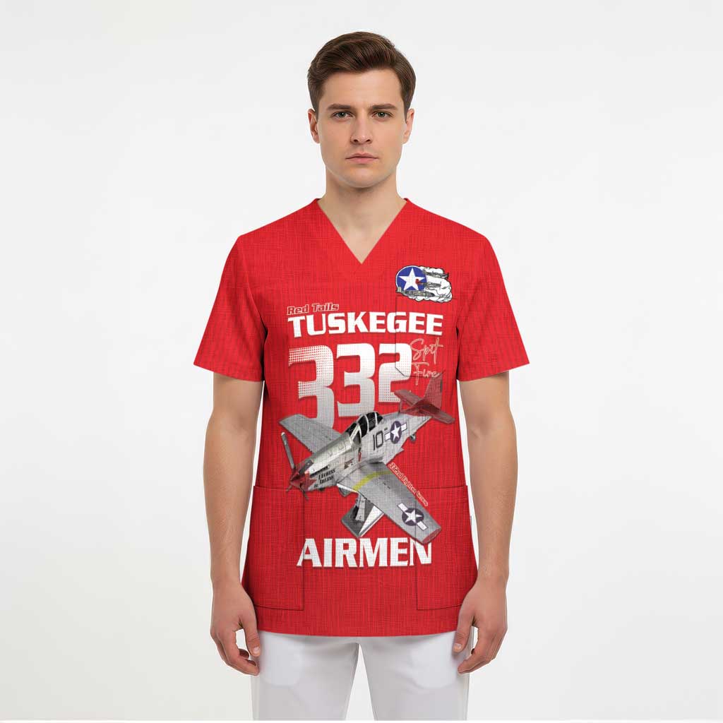 Tuskegee Red Tails Airmen Scrub Top P-51 Mustang 332nd Fighter Group - Red - Wonder Print Shop