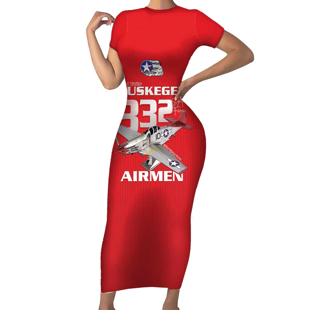 Tuskegee Red Tails Airmen Short Sleeve Bodycon Dress P-51 Mustang 332nd Fighter Group - Red - Wonder Print Shop