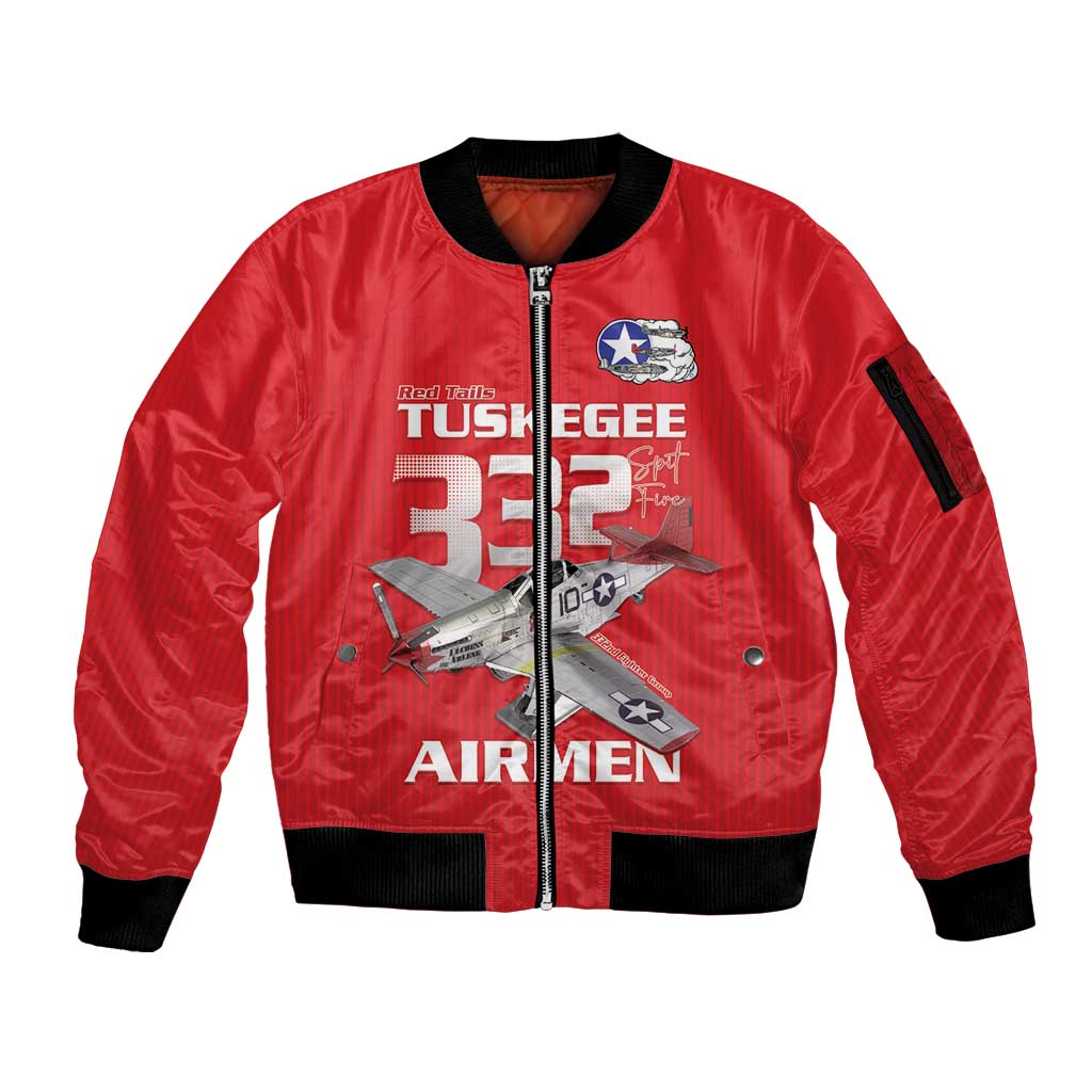 Tuskegee Red Tails Airmen Sleeve Zip Bomber Jacket P-51 Mustang 332nd Fighter Group - Red - Wonder Print Shop