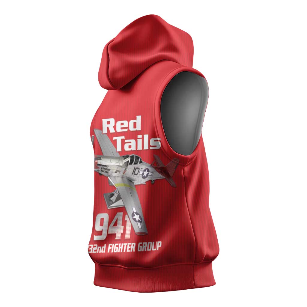 Tuskegee Red Tails Airmen Sleeveless Hoodie P-51 Mustang 332nd Fighter Group - Red - Wonder Print Shop