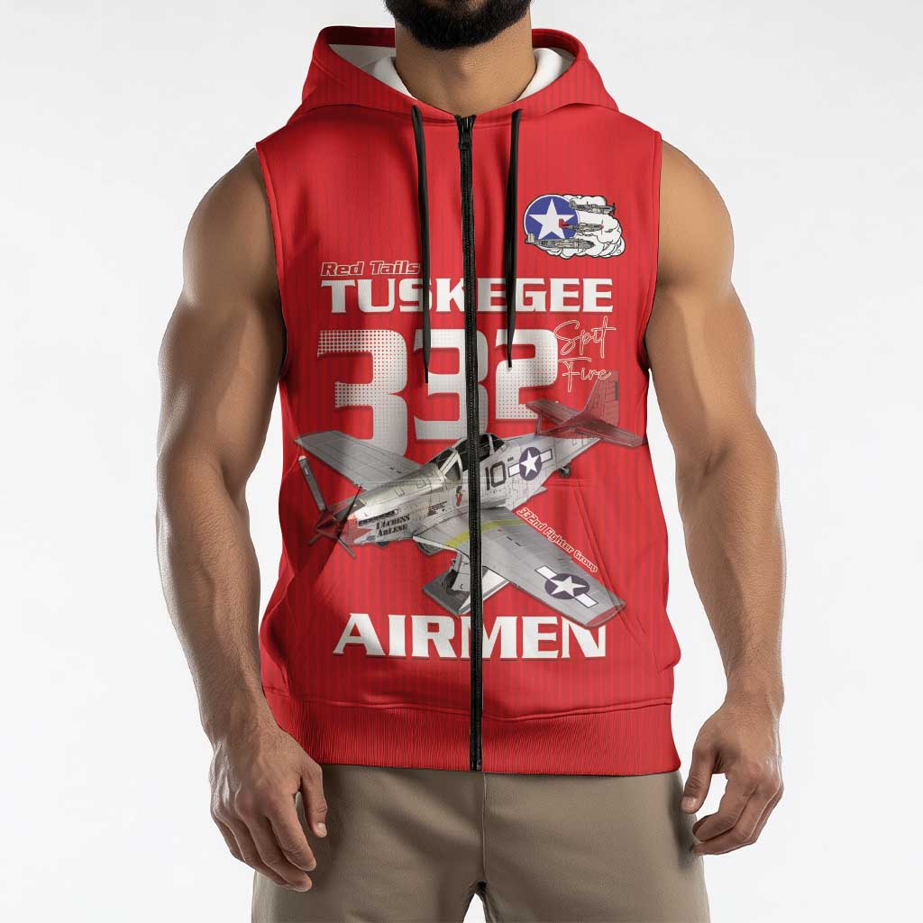 Tuskegee Red Tails Airmen Sleeveless Zip Hoodie P-51 Mustang 332nd Fighter Group - Red - Wonder Print Shop