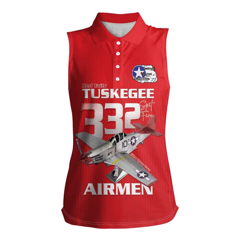 Tuskegee Red Tails Airmen Women Sleeveless Polo Shirt P-51 Mustang 332nd Fighter Group - Red - Wonder Print Shop