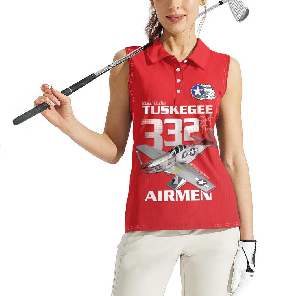 Tuskegee Red Tails Airmen Women Sleeveless Polo Shirt P-51 Mustang 332nd Fighter Group - Red - Wonder Print Shop