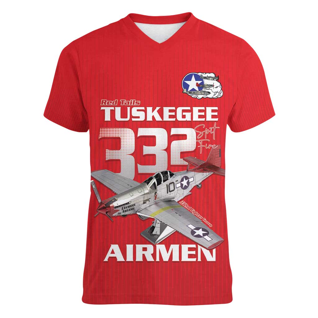 Tuskegee Red Tails Airmen Women V-Neck T-Shirt P-51 Mustang 332nd Fighter Group - Red - Wonder Print Shop