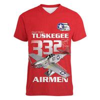 Tuskegee Red Tails Airmen Women V-Neck T-Shirt P-51 Mustang 332nd Fighter Group - Red - Wonder Print Shop
