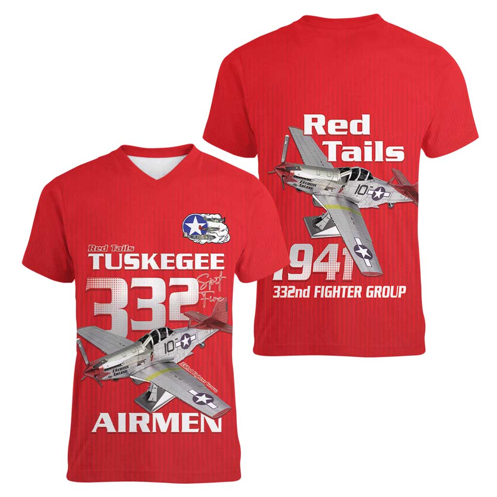 Tuskegee Red Tails Airmen Women V-Neck T-Shirt P-51 Mustang 332nd Fighter Group - Red - Wonder Print Shop