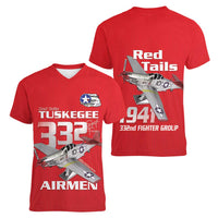 Tuskegee Red Tails Airmen Women V-Neck T-Shirt P-51 Mustang 332nd Fighter Group - Red - Wonder Print Shop