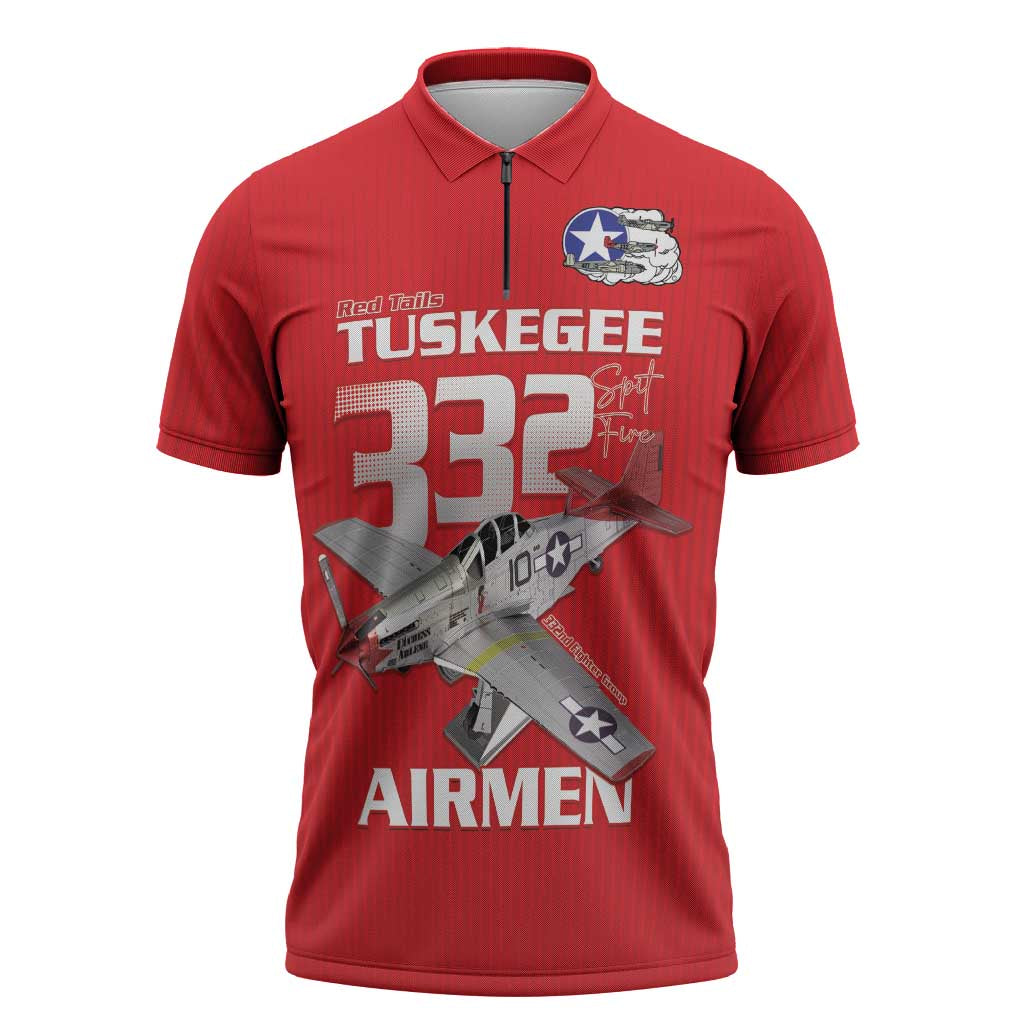 Tuskegee Red Tails Airmen Zipper Polo Shirt P-51 Mustang 332nd Fighter Group - Red - Wonder Print Shop