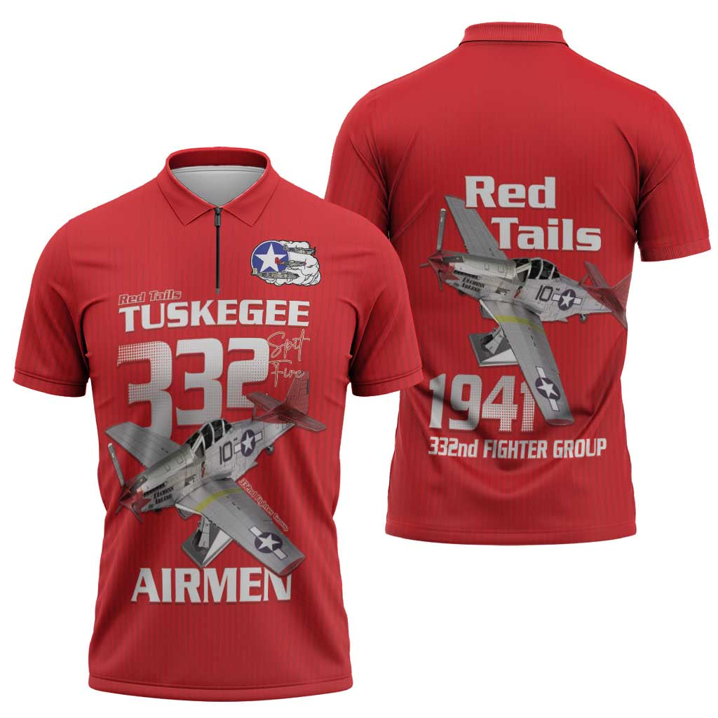 Tuskegee Red Tails Airmen Zipper Polo Shirt P-51 Mustang 332nd Fighter Group - Red - Wonder Print Shop