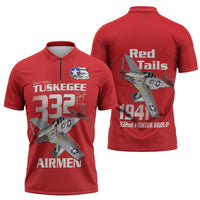 Tuskegee Red Tails Airmen Zipper Polo Shirt P-51 Mustang 332nd Fighter Group - Red - Wonder Print Shop