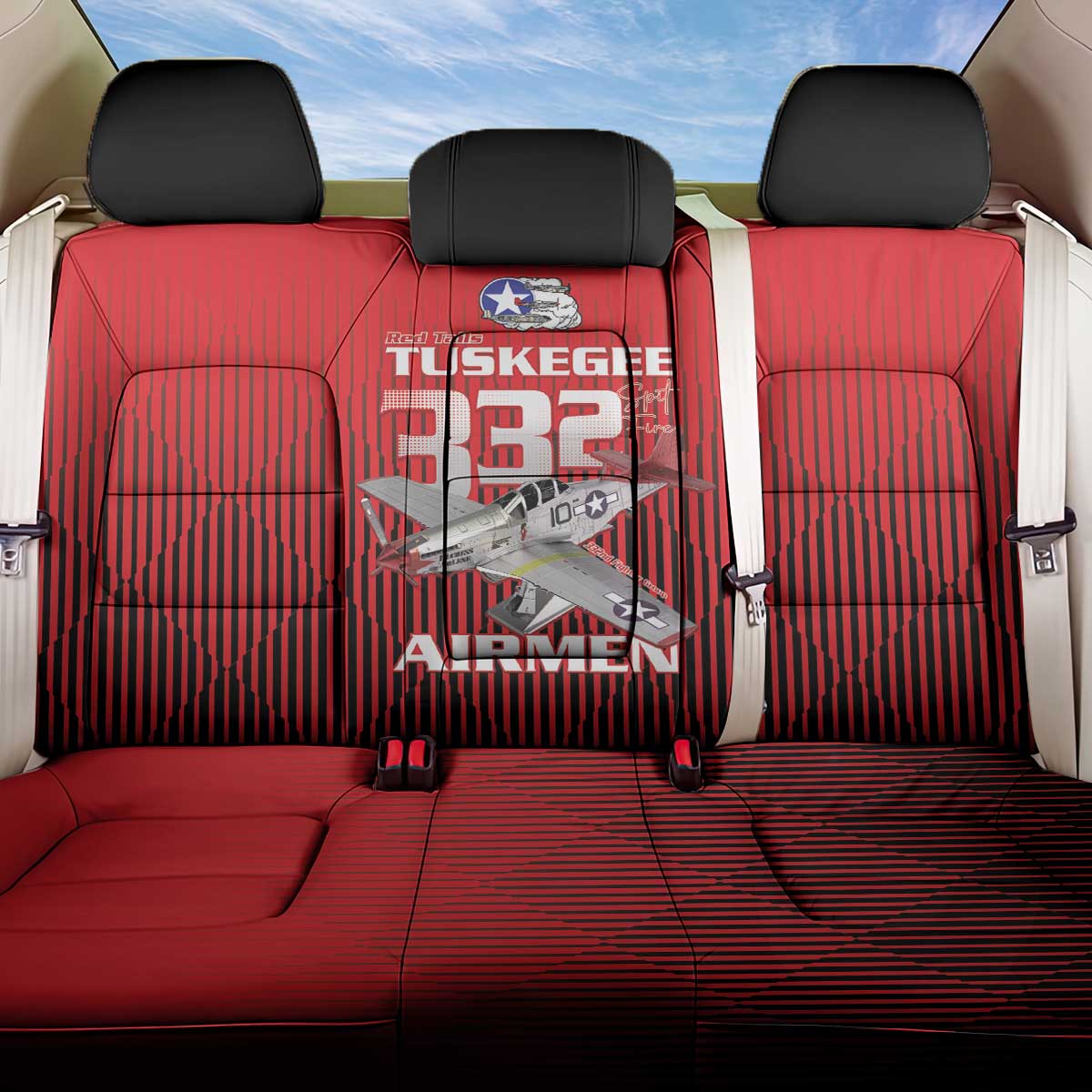 Tuskegee Red Tails Airmen Back Car Seat Cover P-51 Mustang 332nd Fighter Group - Black Red - Wonder Print Shop
