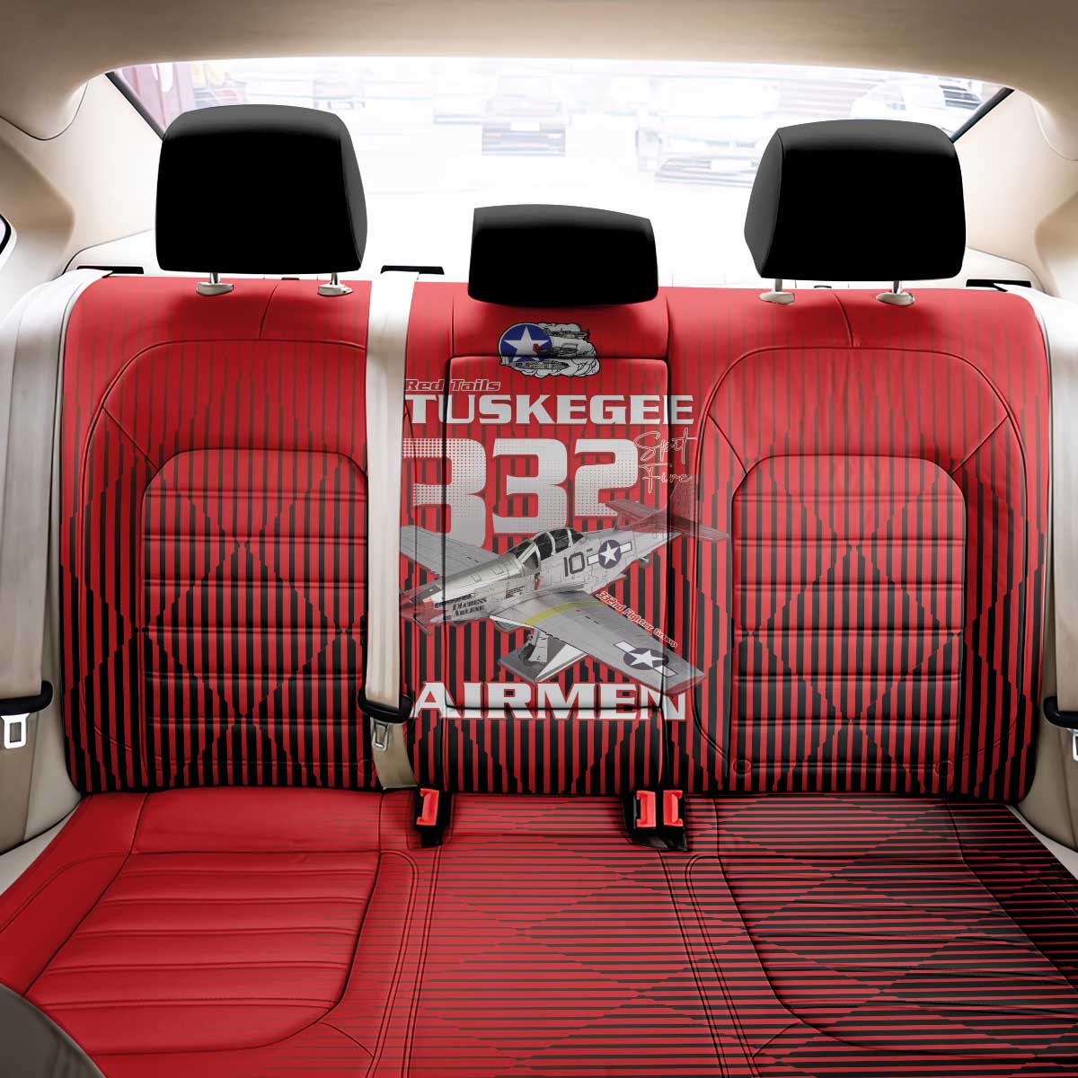 Tuskegee Red Tails Airmen Back Car Seat Cover P-51 Mustang 332nd Fighter Group - Black Red - Wonder Print Shop